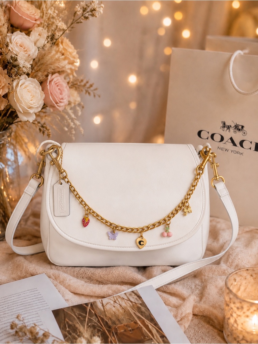 Vintage COACH SoHo Fletcher off White Leather Crossbody Bag with Gold Chain - Picture 1 of 13